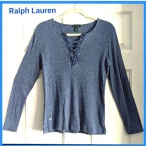 Ralph Lauren Denim Sweater Lace-up Knit Sweater Top Size Medium Long Sleeve